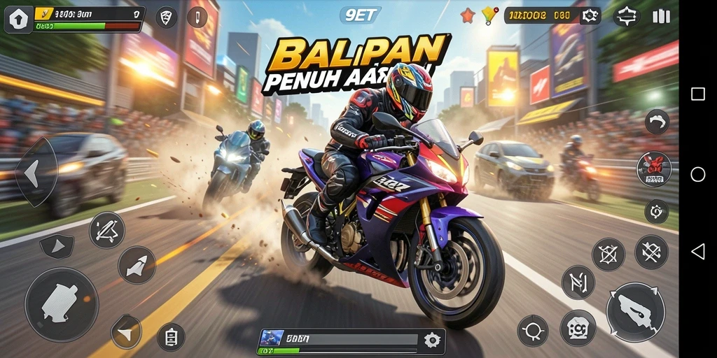 Gameplay seru balapan motor dalam 9ET yang mendebarkan.