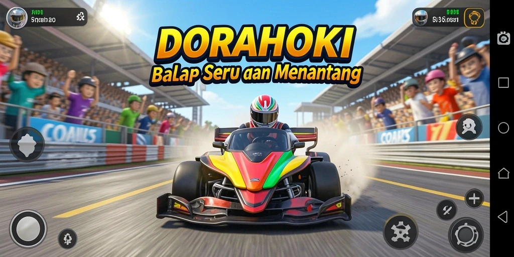 Tampilan gameplay DORAHOKI dengan mobil balap yang melaju cepat.