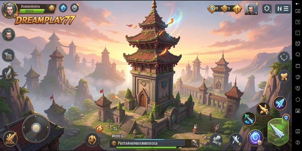 Tangkapan layar gameplay Tower Defense dengan menara dan musuh.