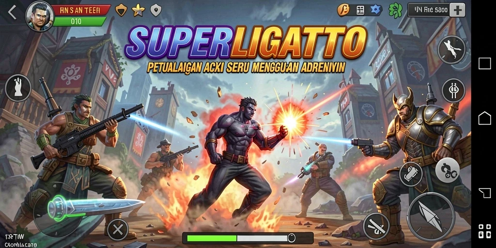 Tampilan gameplay action SUPERLIGATOTO yang mendebarkan dan menarik.